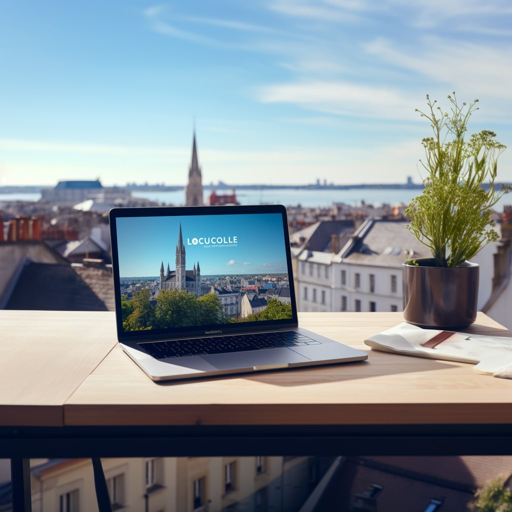 un ordinateur portable posé sur un balcon on voit la ville de La Rochelle en arrière plan