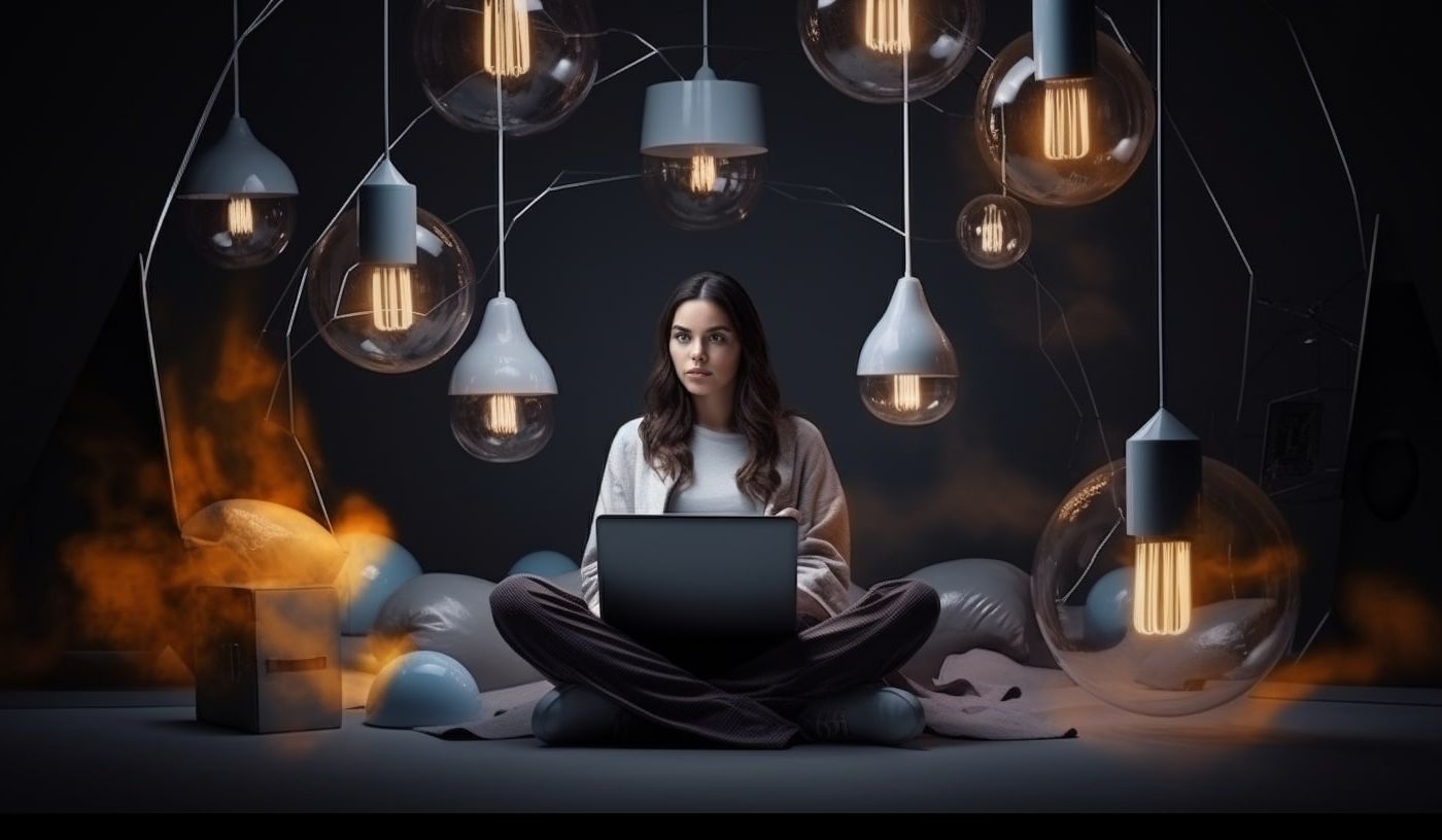 illustration femme avec un ordinateur portable naviguant sur le web, des ampoules sont suspendues au plafond, ambiance chaleureuse