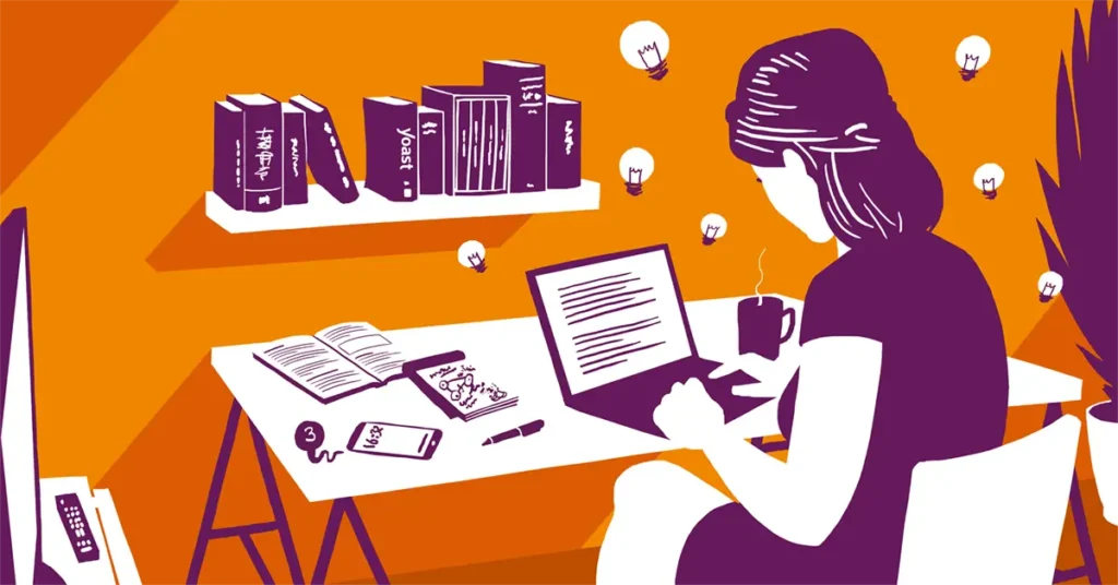 illustration rédaction de contenu web sur ordinateur portable, une femme écrivant sur son bureau