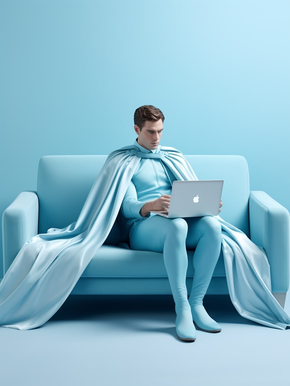 Un super-héros avec une cape assis sur un canapé, il utilise son ordinateur et les pouvoirs du SEO à La Rochelle