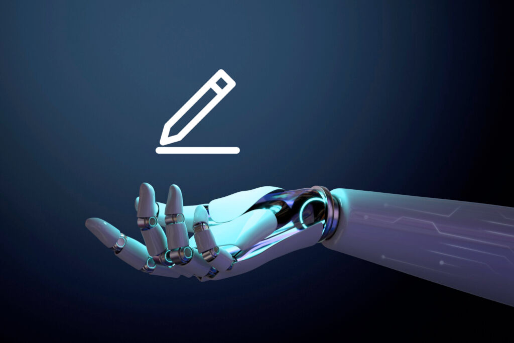 main bionique de robot avec icône rédaction