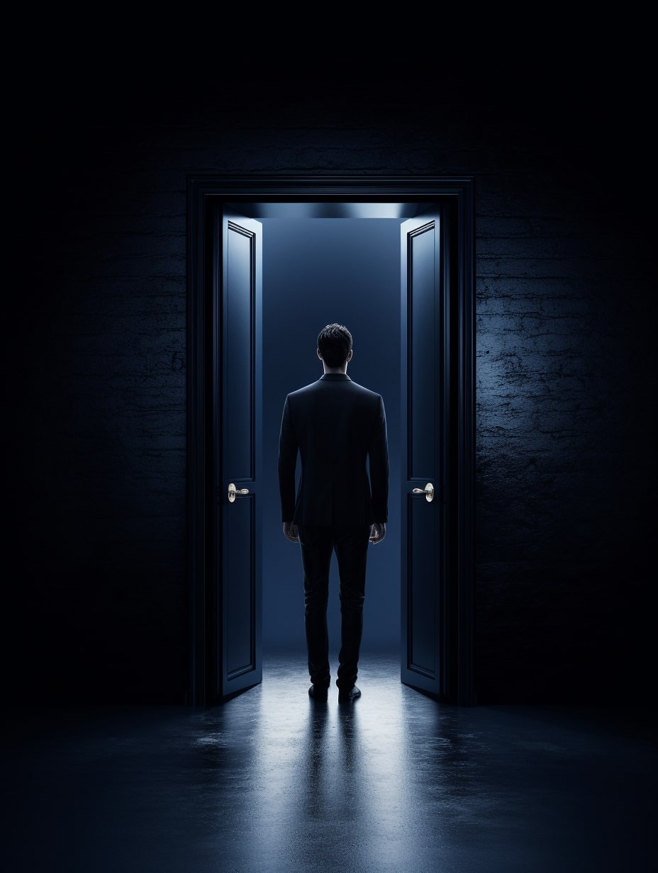 un homme qui se tient devant une porte ouverte et qui s'apprête à rentrer dans la pièce