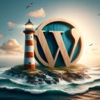 logo wordpress géant sur une ile avec la mer de chaque côté et un phare devant lui