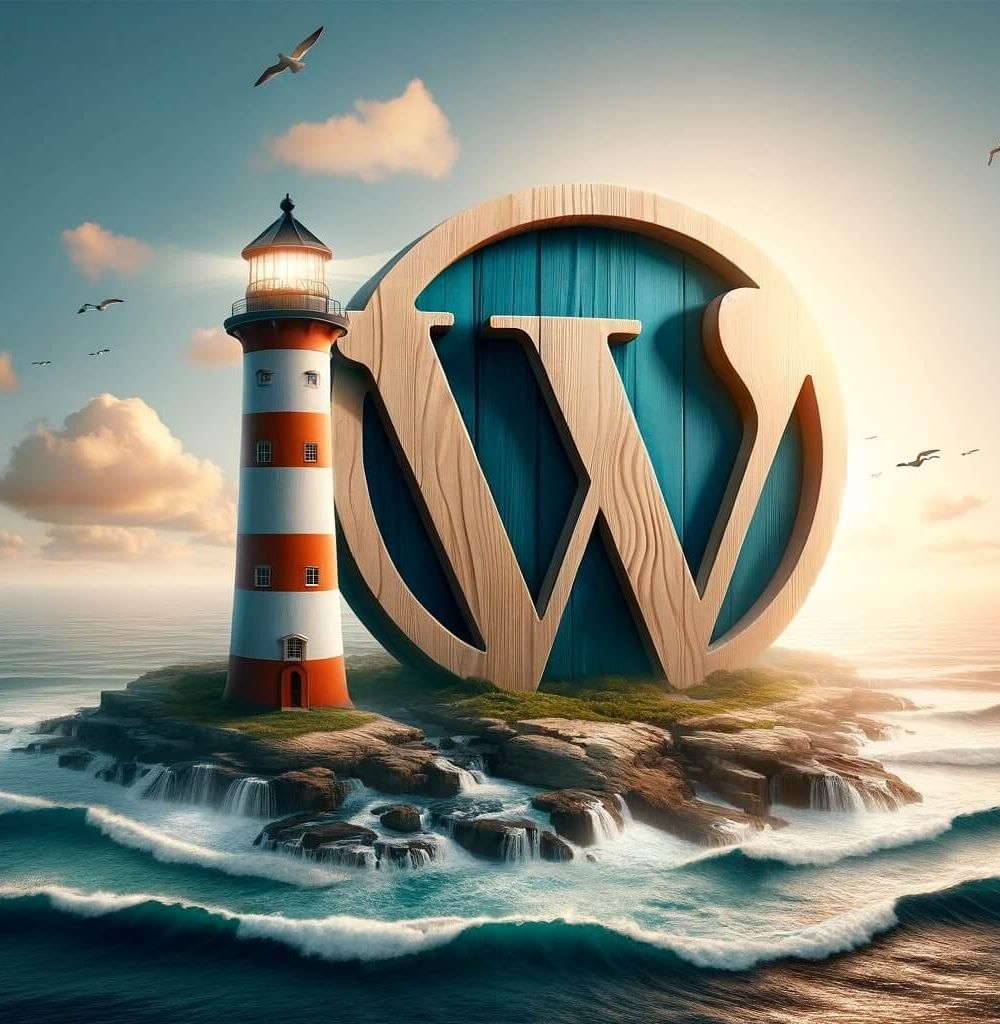 logo wordpress géant sur une ile avec la mer de chaque côté et un phare devant lui
