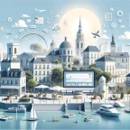 Illustration sobre et épurée représentant la personnalisation web et le succès SEO à La Rochelle, avec des éléments numériques intégrés dans un cadre ensoleillé et des références discrètes à l'architecture iconique de la ville.
