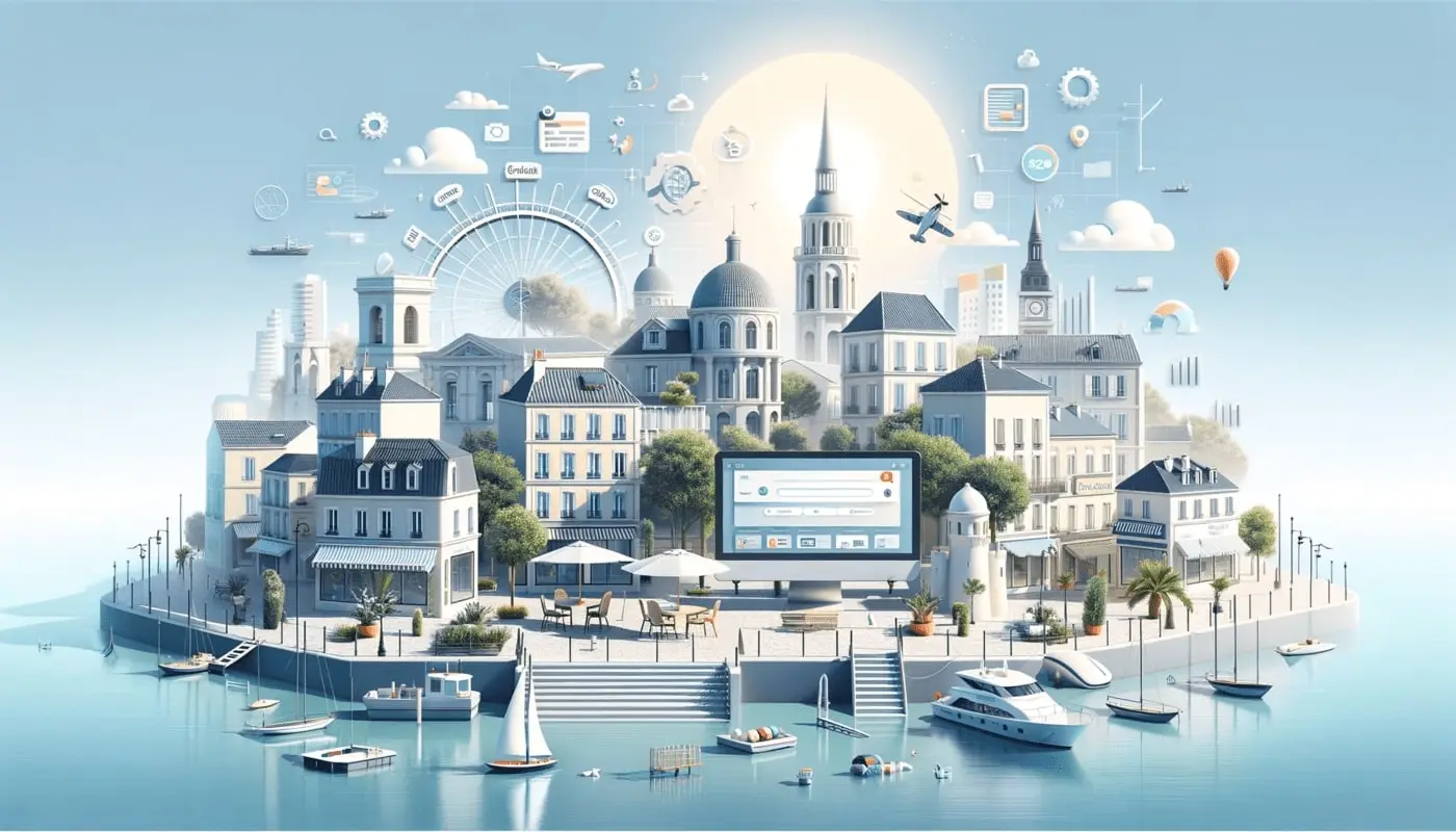 Illustration sobre et épurée représentant la personnalisation web et le succès SEO à La Rochelle, avec des éléments numériques intégrés dans un cadre ensoleillé et des références discrètes à l'architecture iconique de la ville.